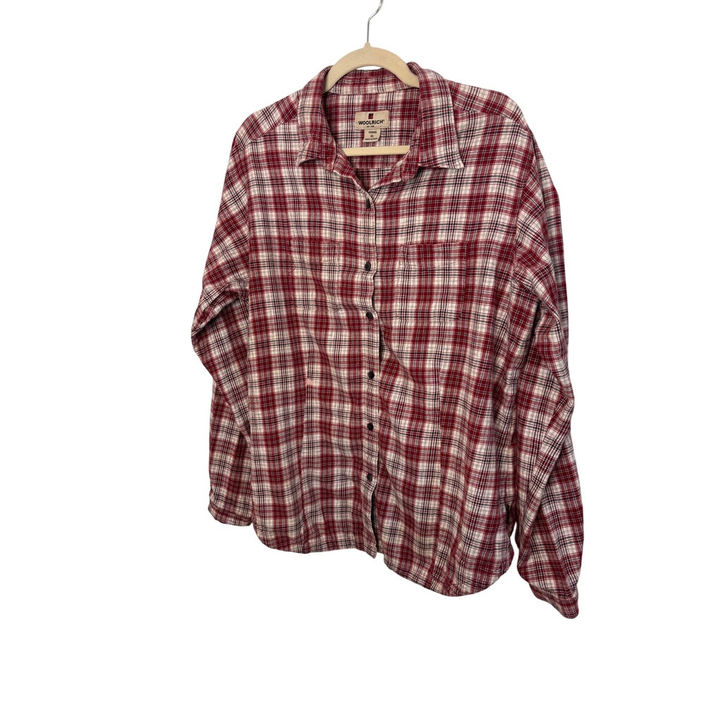 Woolrich Womens Flannel Shirt XL Red‎ White Plaid Cotton Button Down Cabincore